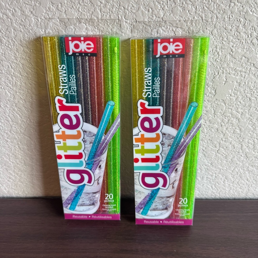 Joie Glitter Reusable Straws, Multi Color Straws with Cleaning Brush - 2‎ Packs